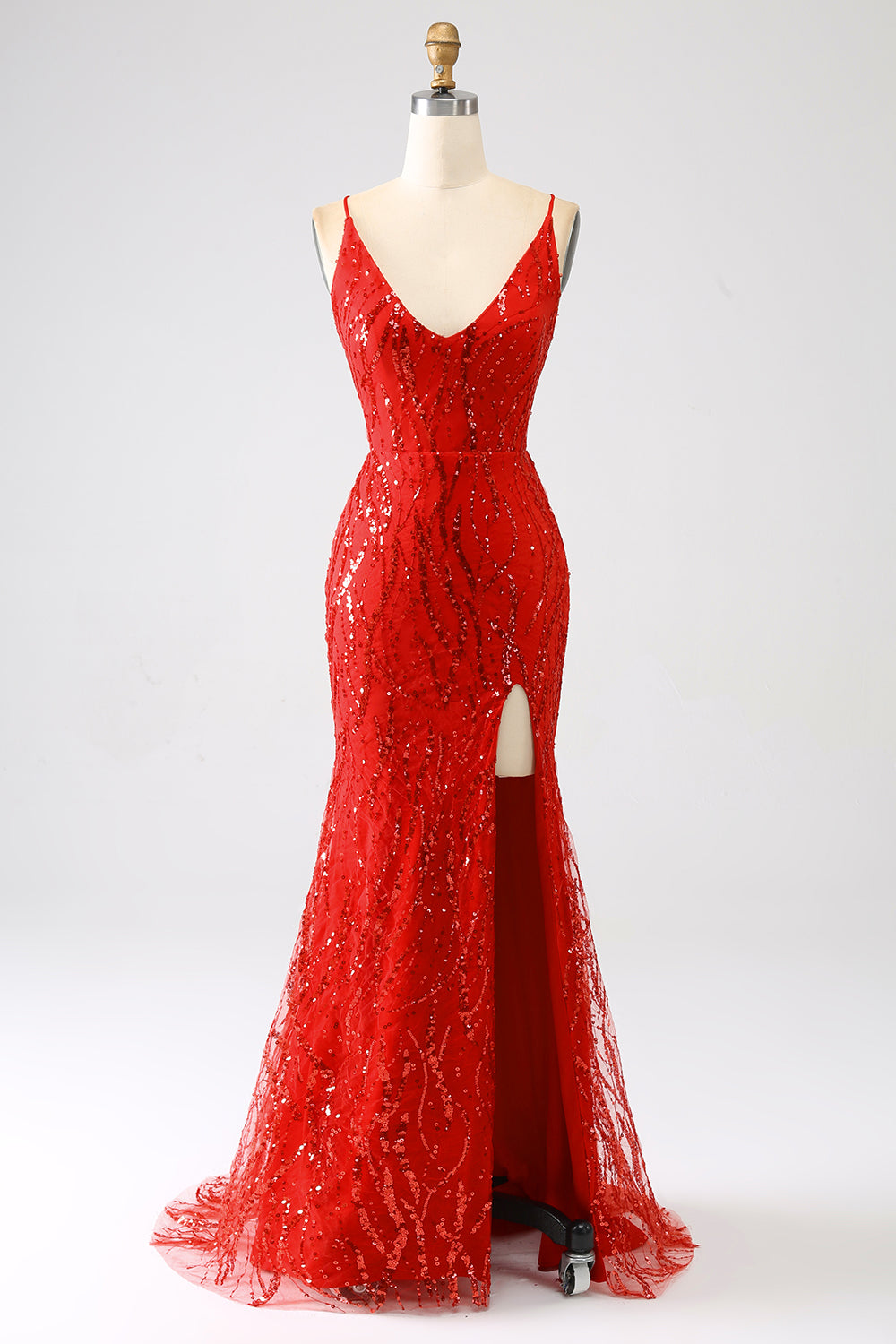Robe de bal longue sirène à paillettes rouges avec fente