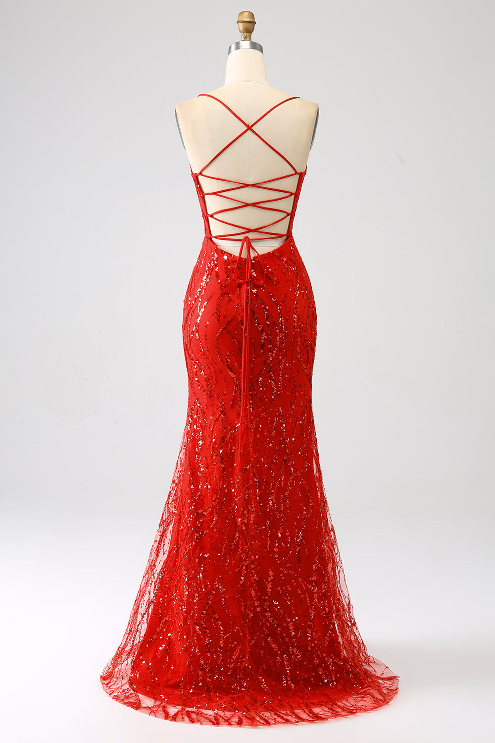 Robe de bal longue sirène à paillettes rouges avec fente