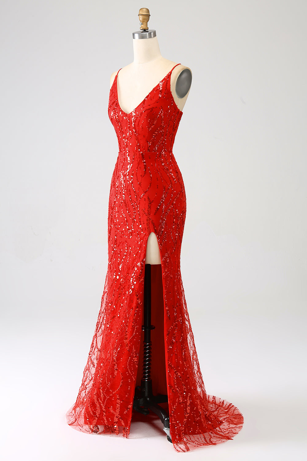 Robe de bal longue sirène à paillettes rouges avec fente