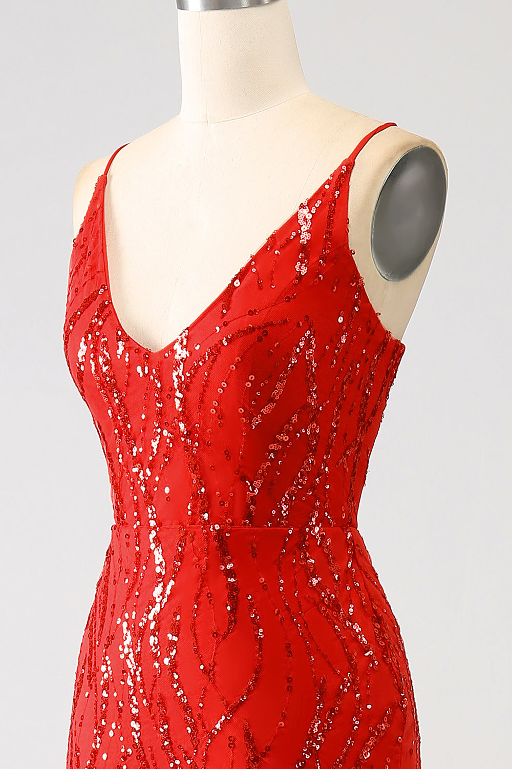Robe de bal longue sirène à paillettes rouges avec fente