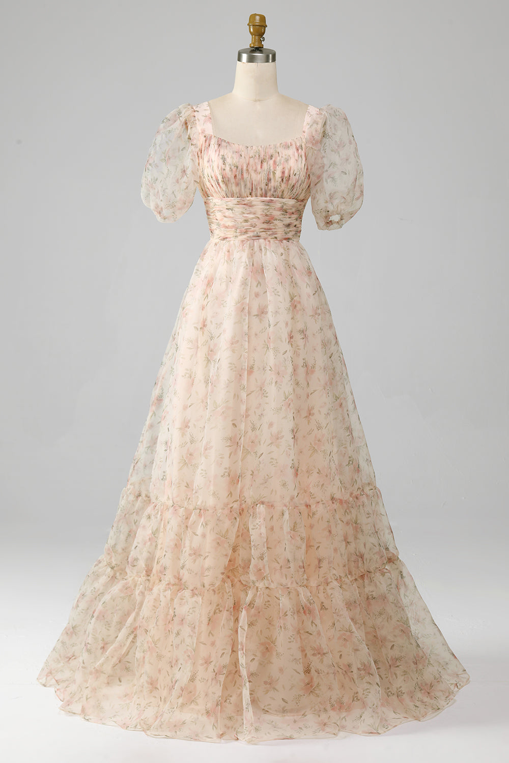 Robe de bal plissée étagée couleur champagne, coupe trapèze, imprimé floral, manches bouffantes