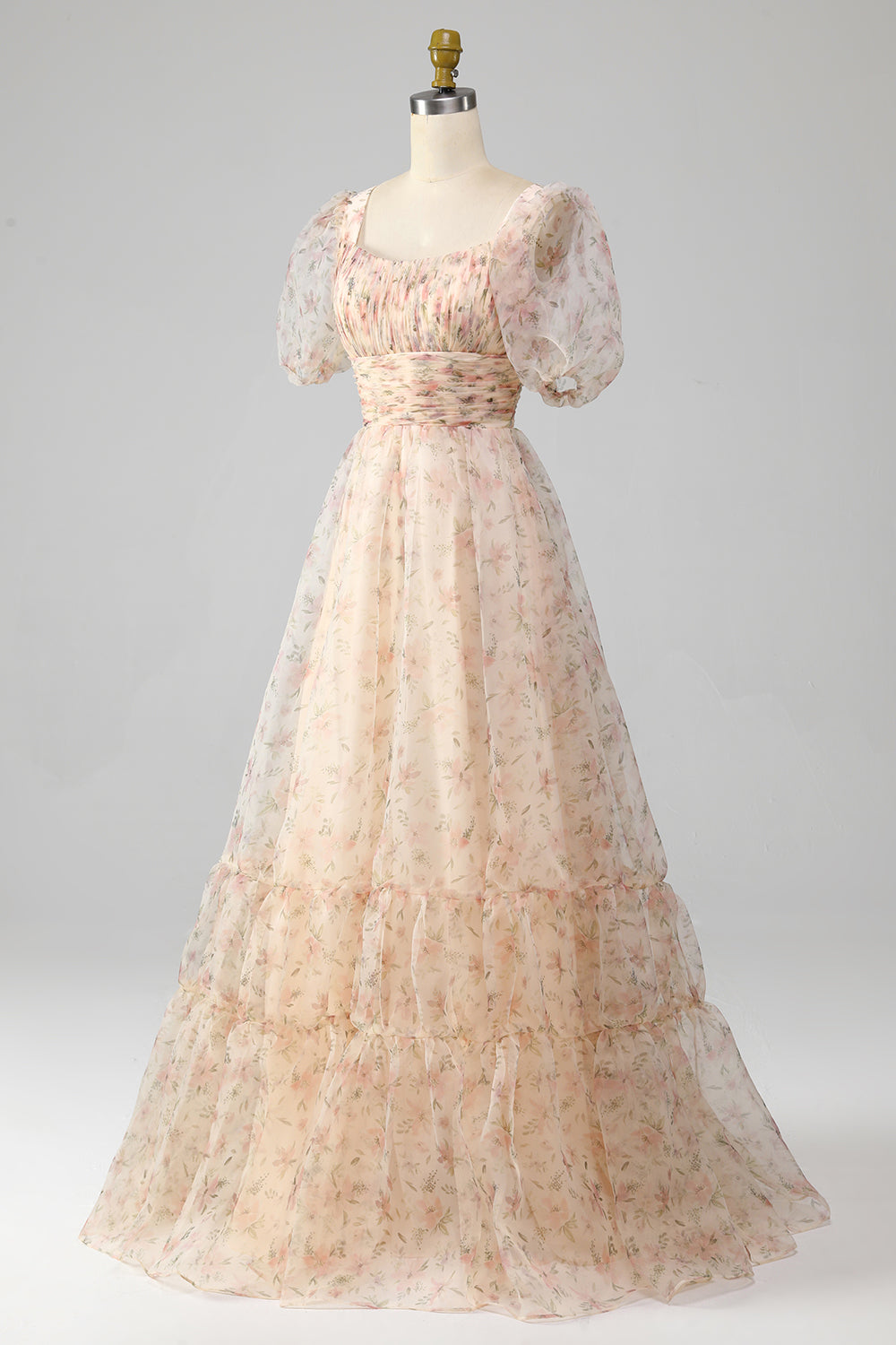 Robe de bal plissée étagée couleur champagne, coupe trapèze, imprimé floral, manches bouffantes