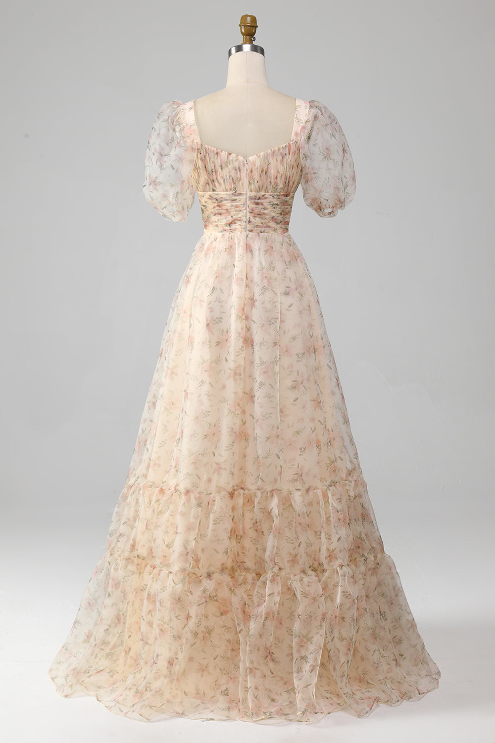 Robe de bal plissée étagée couleur champagne, coupe trapèze, imprimé floral, manches bouffantes