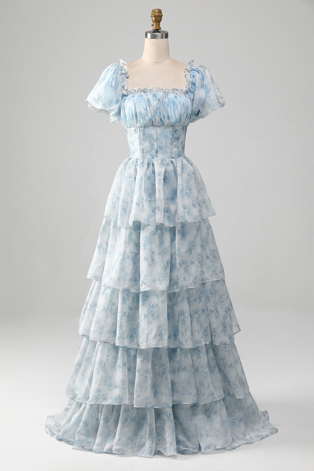 Robe de bal étagée bleu ciel en organza avec corset