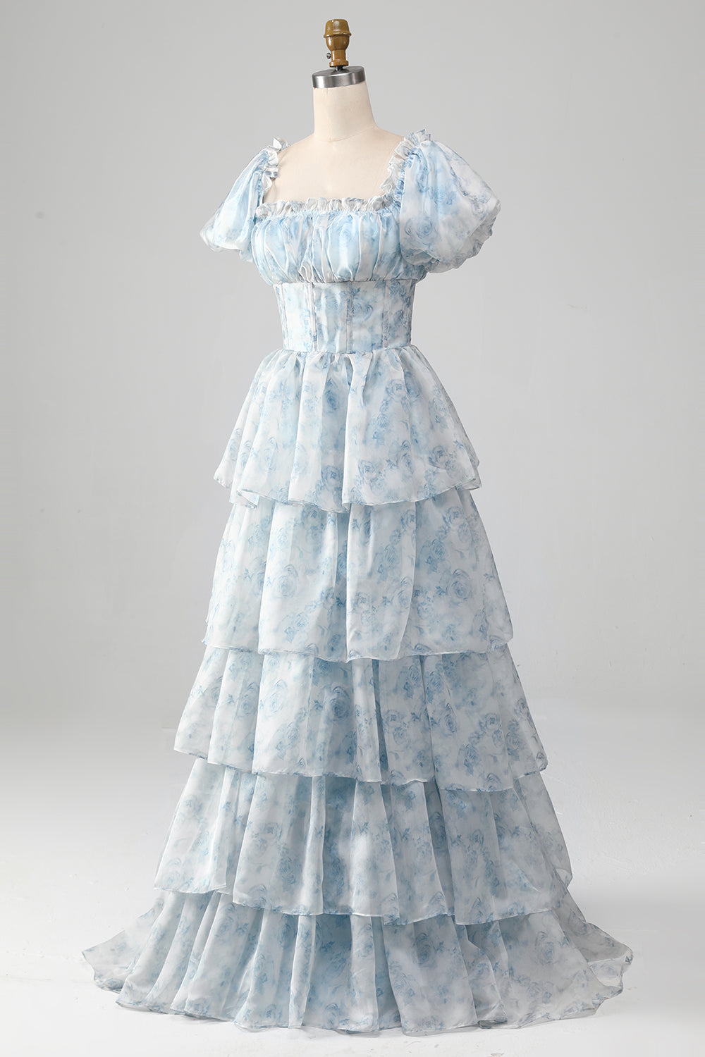 Robe de bal trapèze rose avec encolure carrée, volants et volants étagés