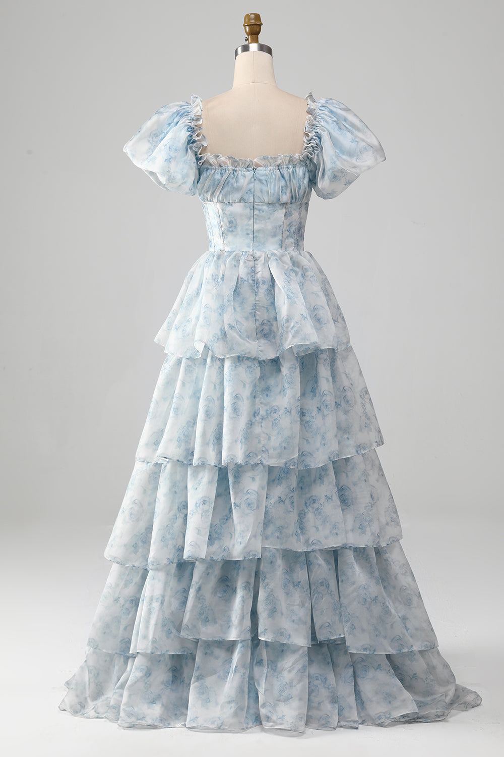 Robe de bal trapèze rose avec encolure carrée, volants et volants étagés
