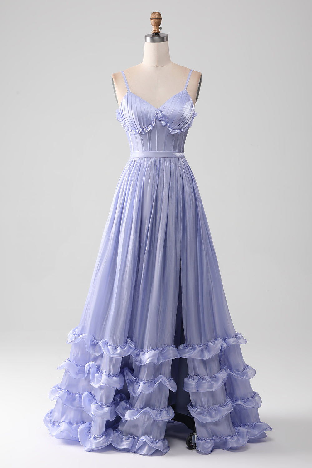 Robe de bal lavande à fines bretelles, coupe trapèze, à volants et fendue
