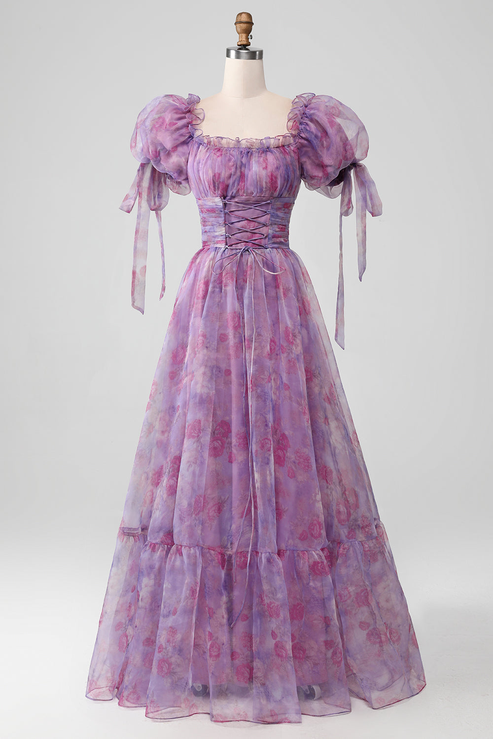 Robe longue de bal de promo évasée violette à imprimé, lacets et manches bouffantes