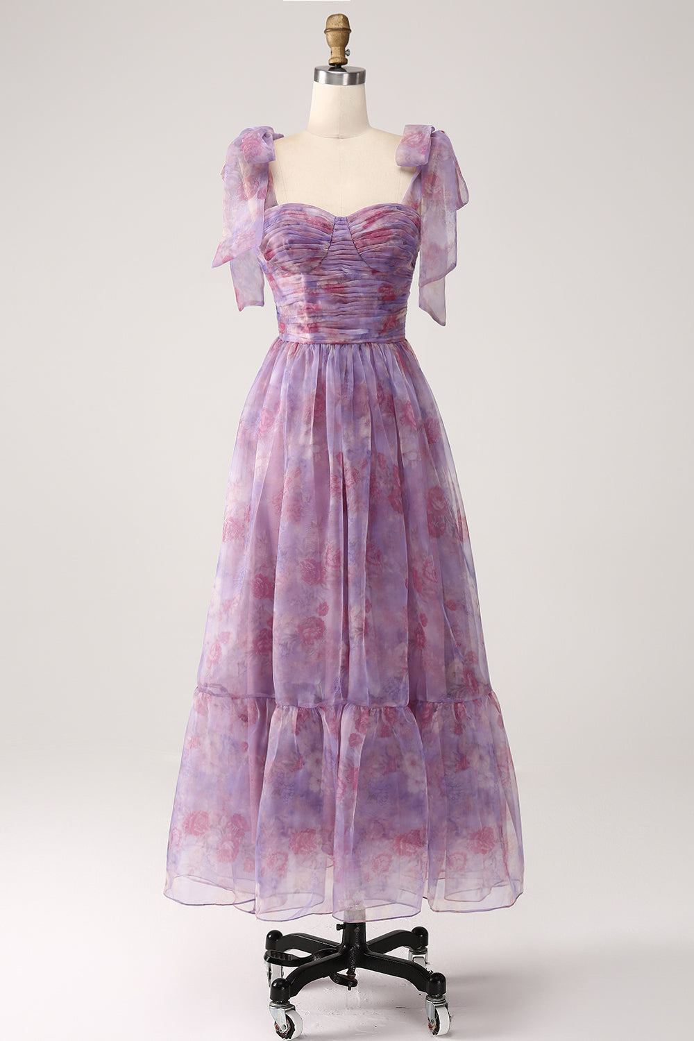 Robe de bal longue plissée trapèze imprimée violette