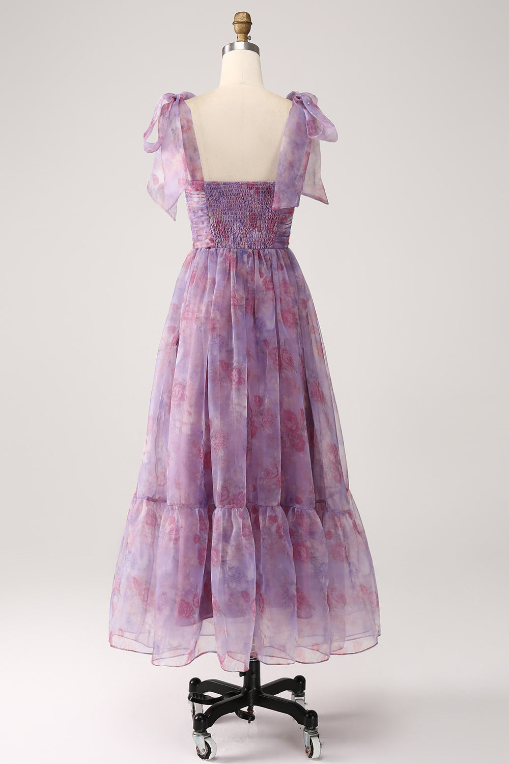 Robe de bal longue plissée trapèze imprimée violette