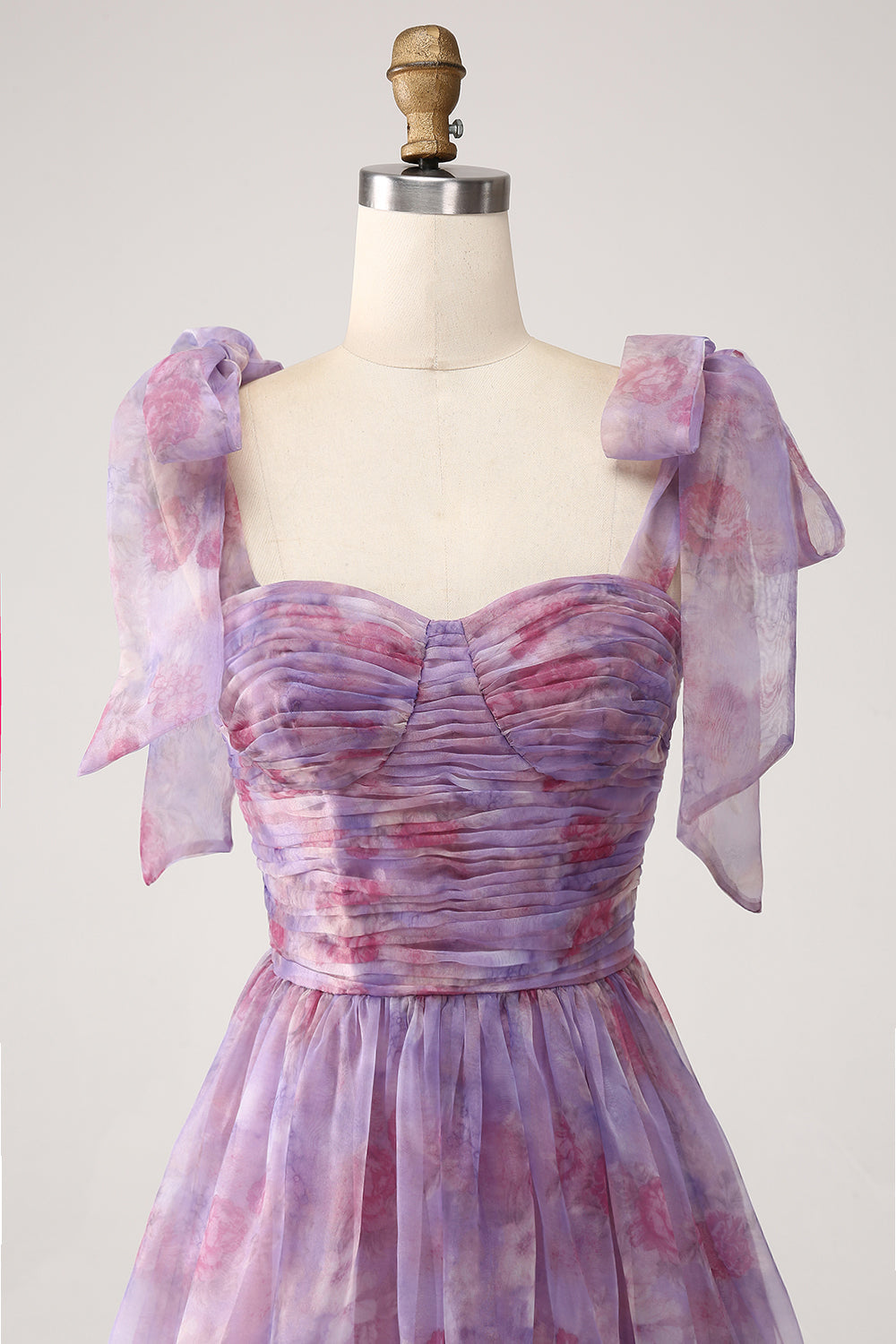 Robe de bal longue plissée trapèze imprimée violette