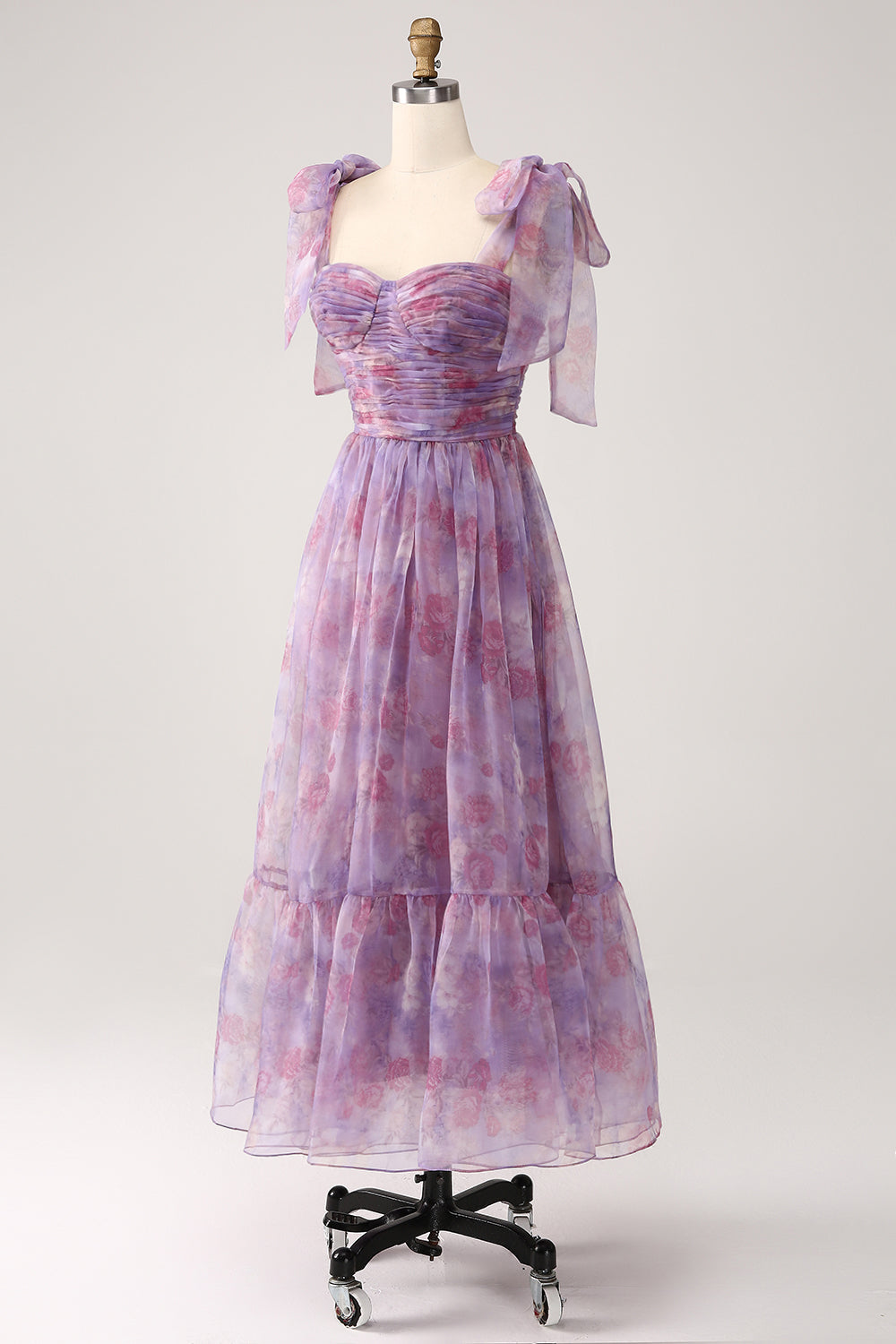 Robe de bal longue plissée trapèze imprimée violette