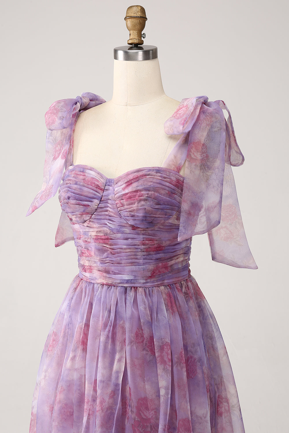 Robe de bal longue plissée trapèze imprimée violette