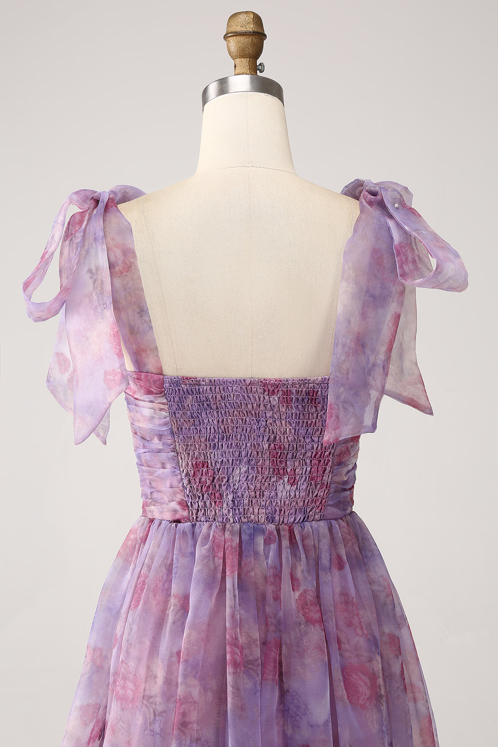 Robe de bal longue plissée trapèze imprimée violette