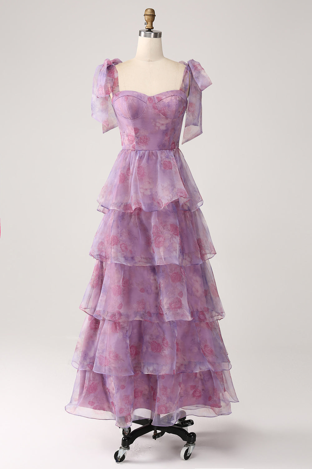 Robe de bal longue mi-mollet violette imprimée avec coupe trapèze et volants