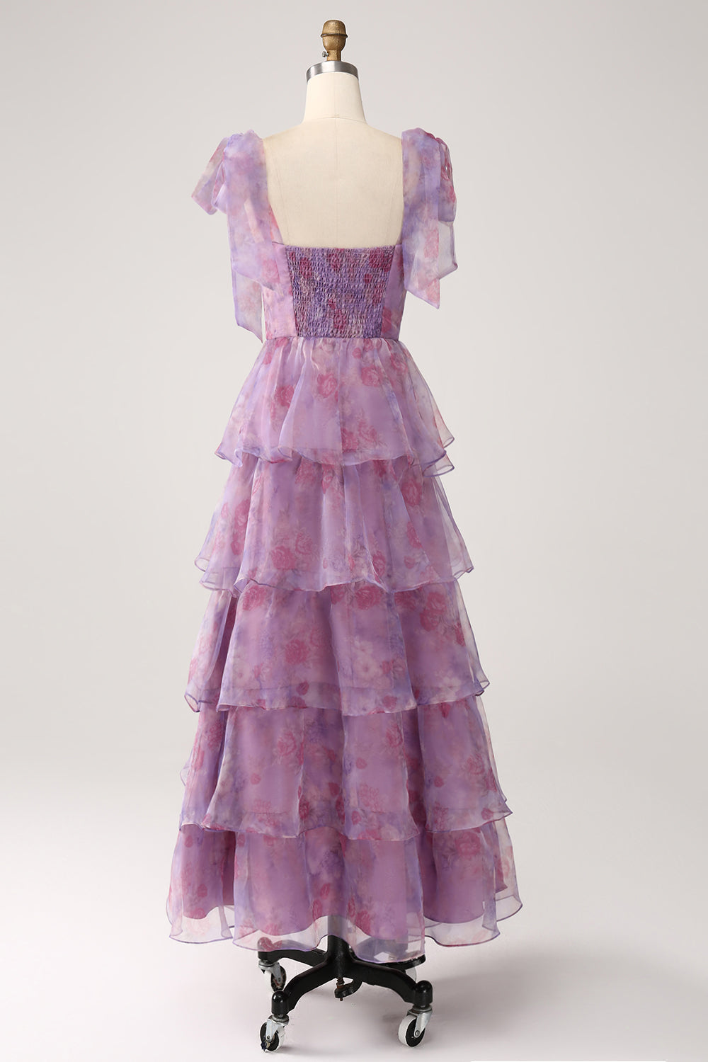 Robe de bal longue mi-mollet violette imprimée avec coupe trapèze et volants