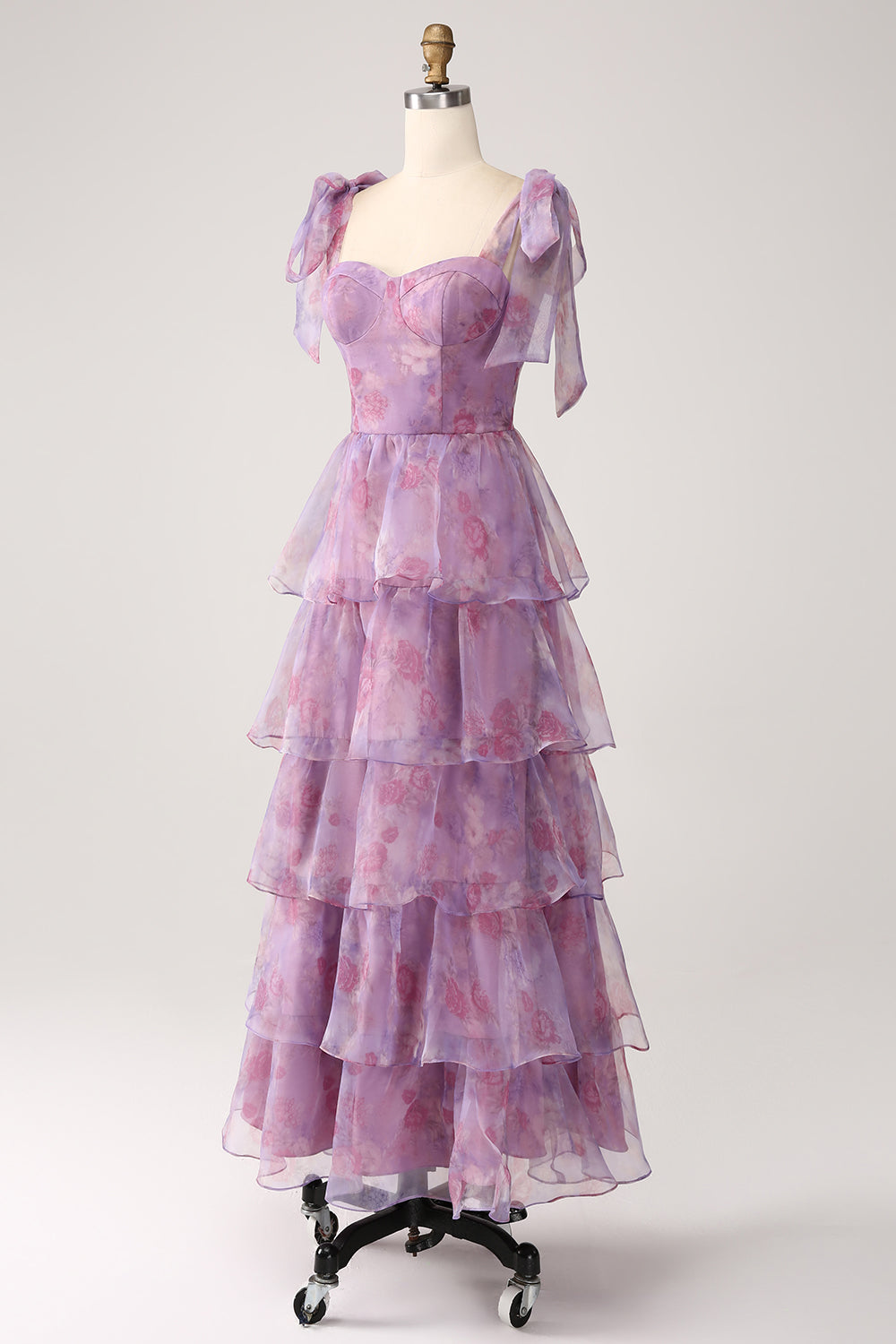 Robe de bal longue mi-mollet violette imprimée avec coupe trapèze et volants