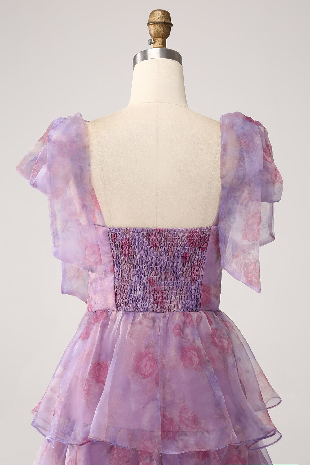 Robe de bal longue mi-mollet violette imprimée avec coupe trapèze et volants