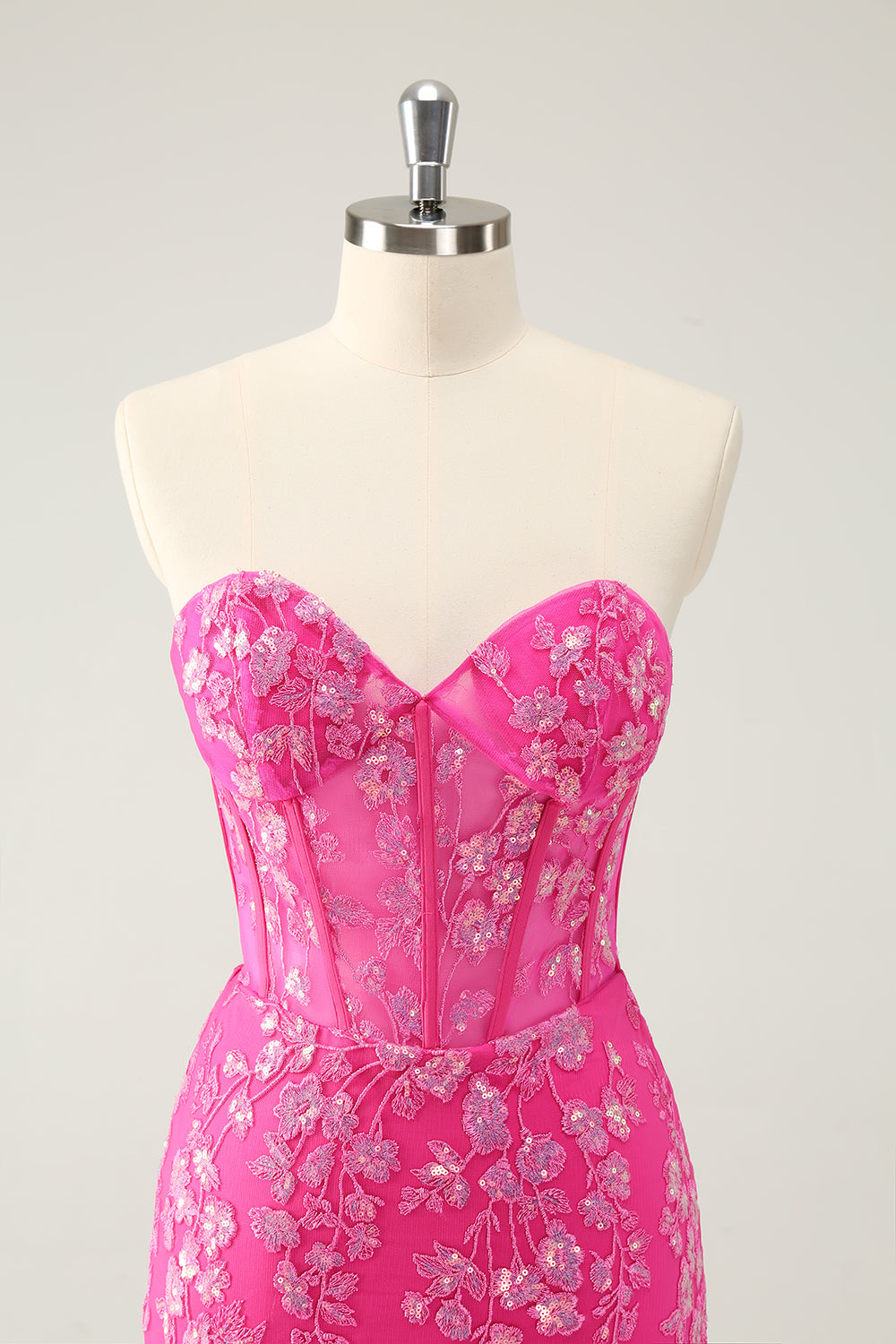 Robe de bal bustier fuchsia scintillant avec appliques