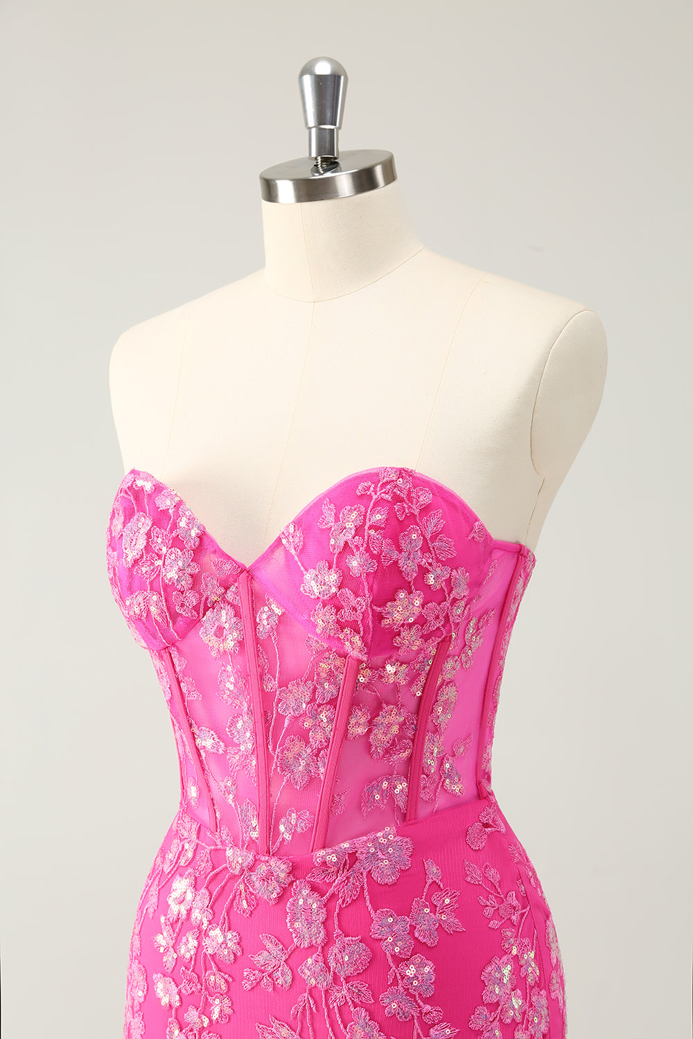 Robe de bal bustier fuchsia scintillant avec appliques