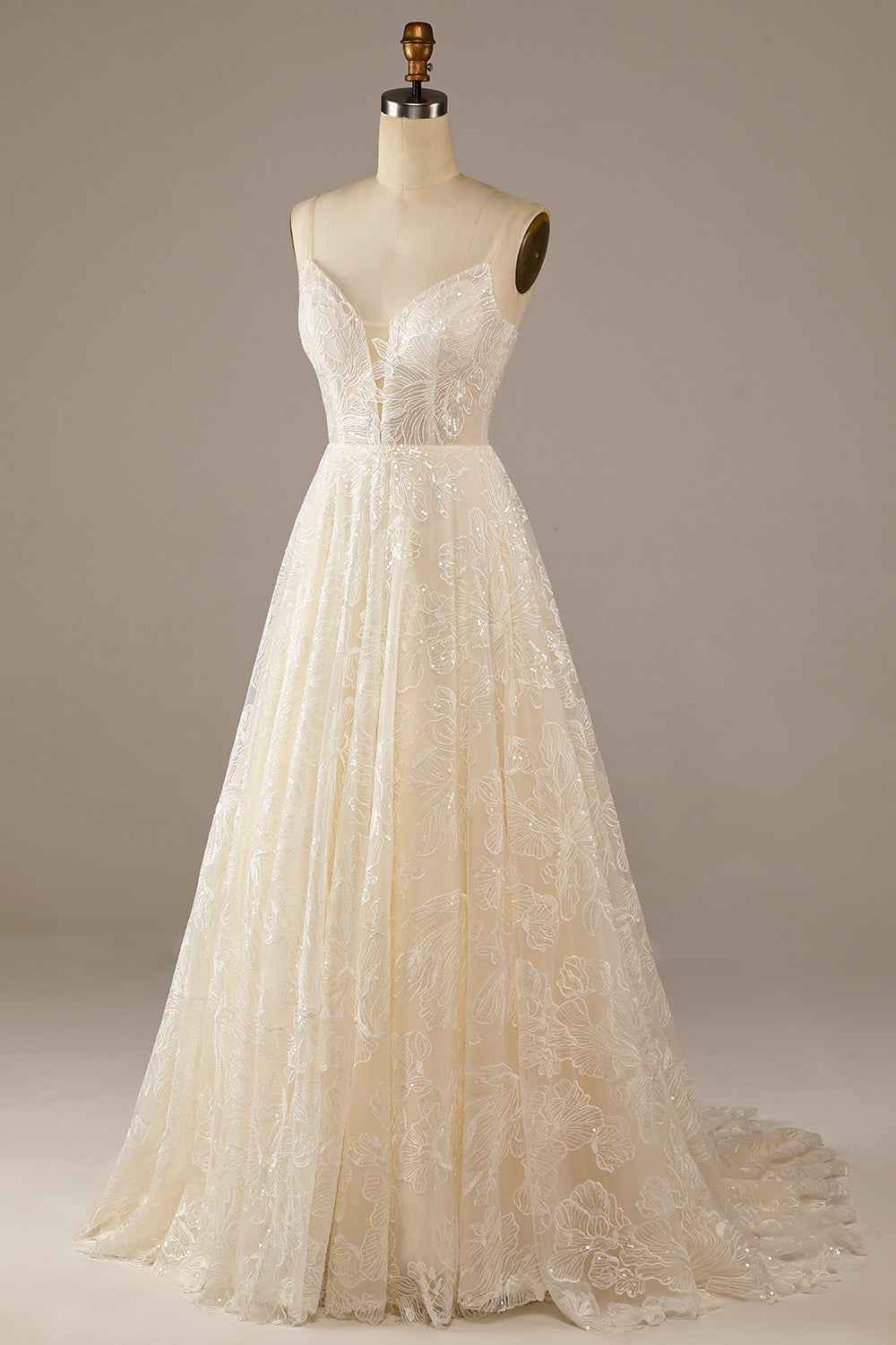 Robe de mariée Sparkly Apricot en dentelle avec traîne Sweep
