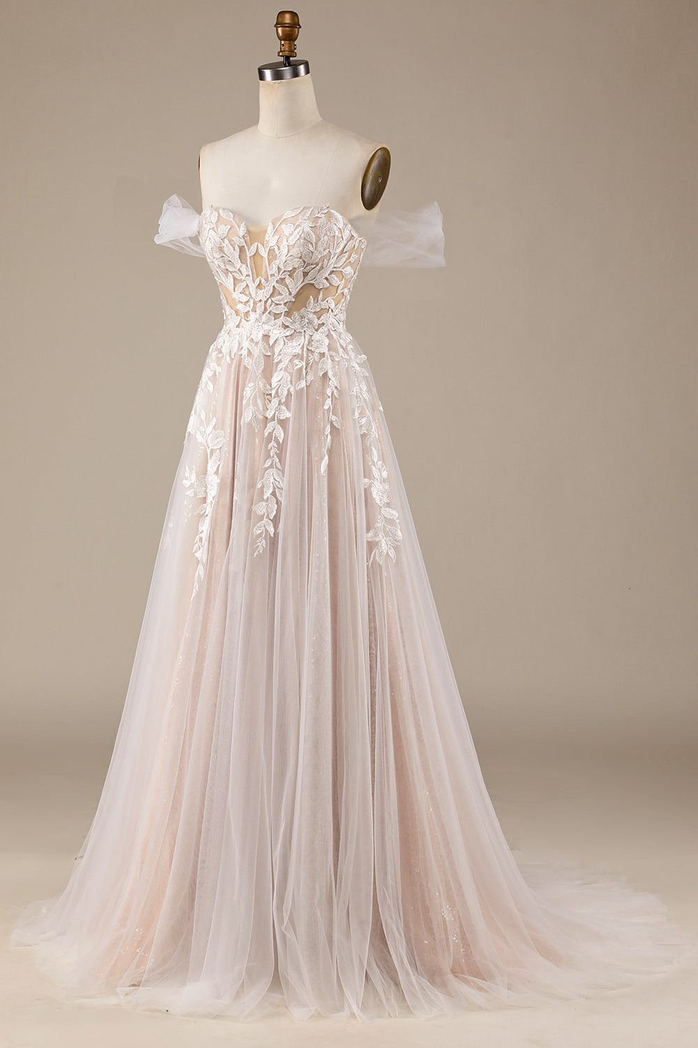 Robe de mariée champagne en tulle, amovible, avec épaules dénudées et dentelle