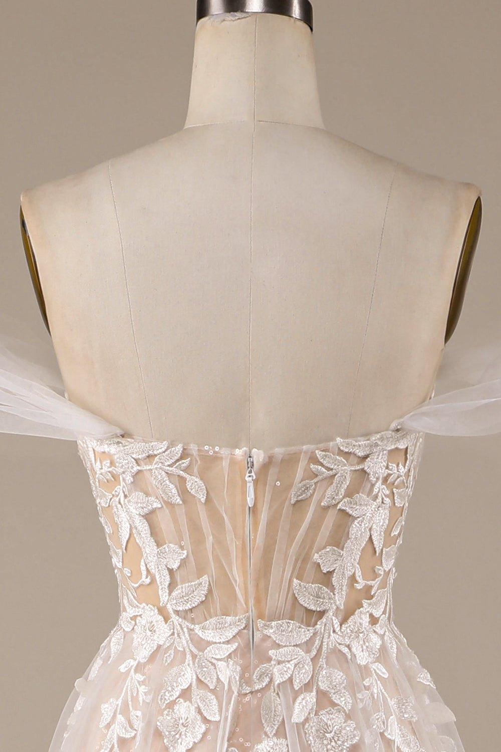 Robe de mariée champagne en tulle, amovible, avec épaules dénudées et dentelle