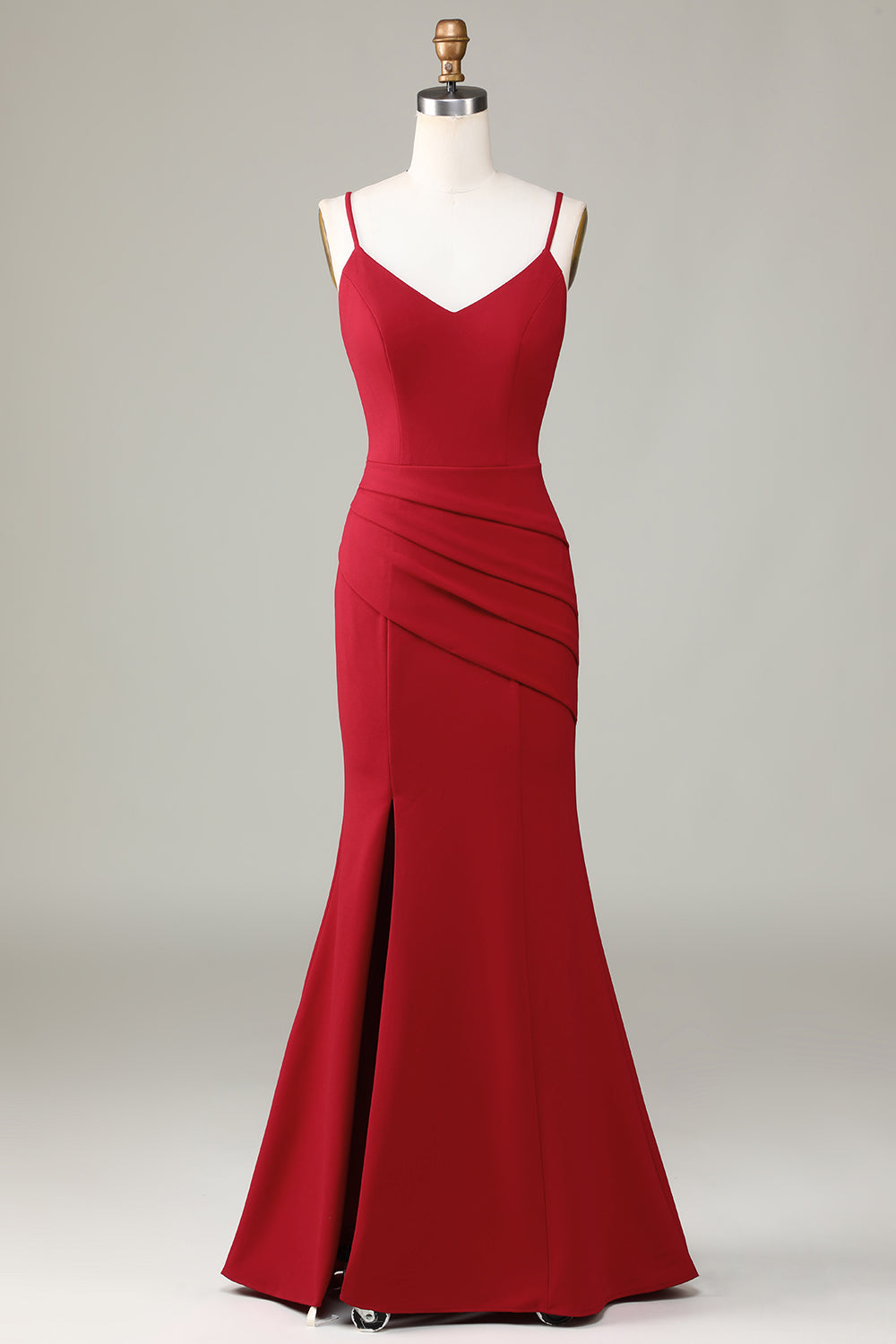 Robe de demoiselle d'honneur bordeaux sans manches à fines bretelles et fente
