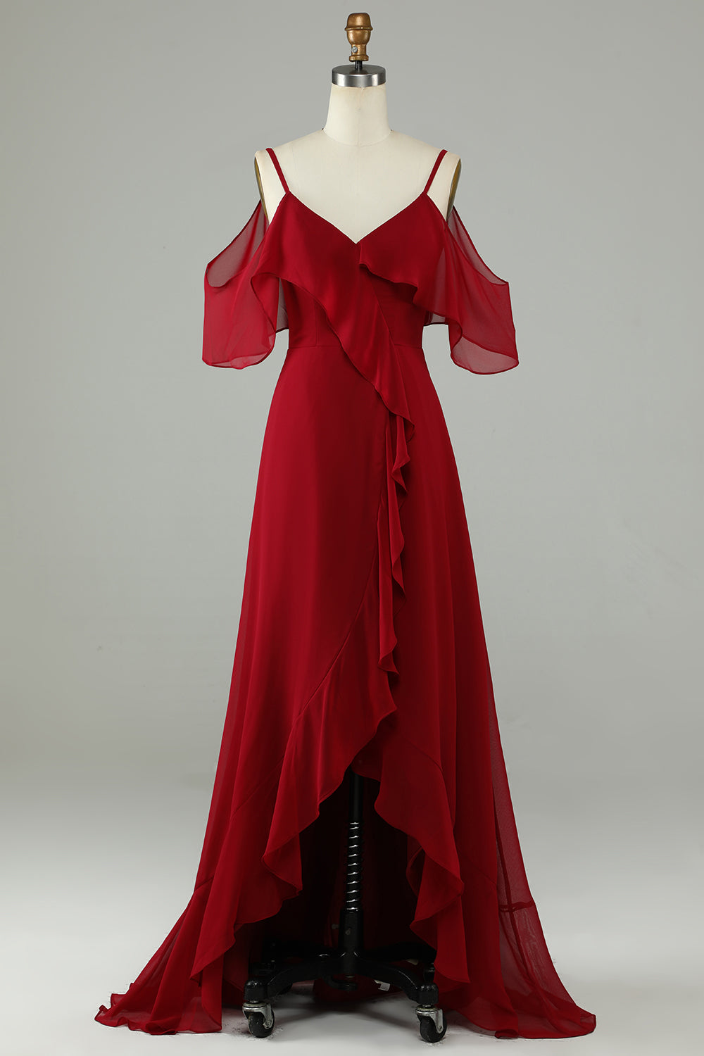 Asymmetrical Cold Shoulder Burgundy Long Bridesmaid Dress with Ruffles