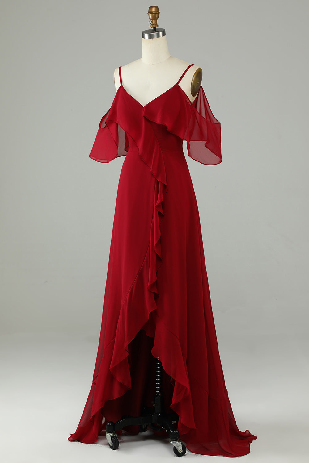 Asymmetrical Cold Shoulder Burgundy Long Bridesmaid Dress with Ruffles