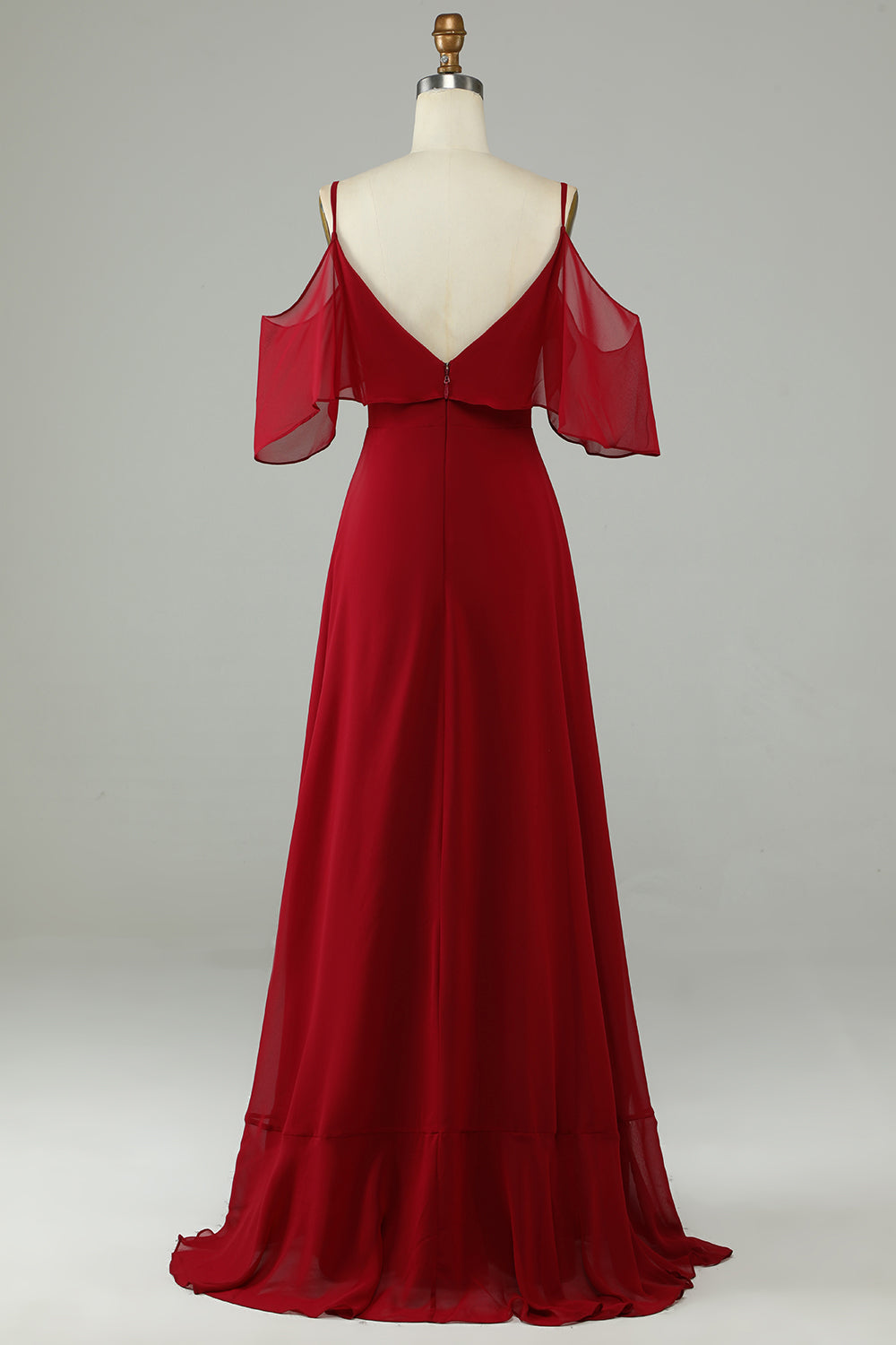 Asymmetrical Cold Shoulder Burgundy Long Bridesmaid Dress with Ruffles