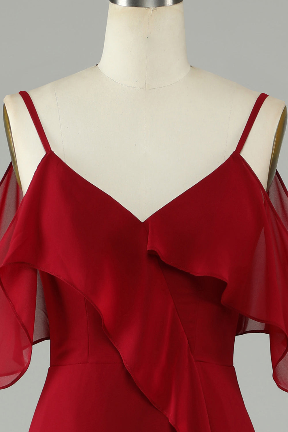 Asymmetrical Cold Shoulder Burgundy Long Bridesmaid Dress with Ruffles