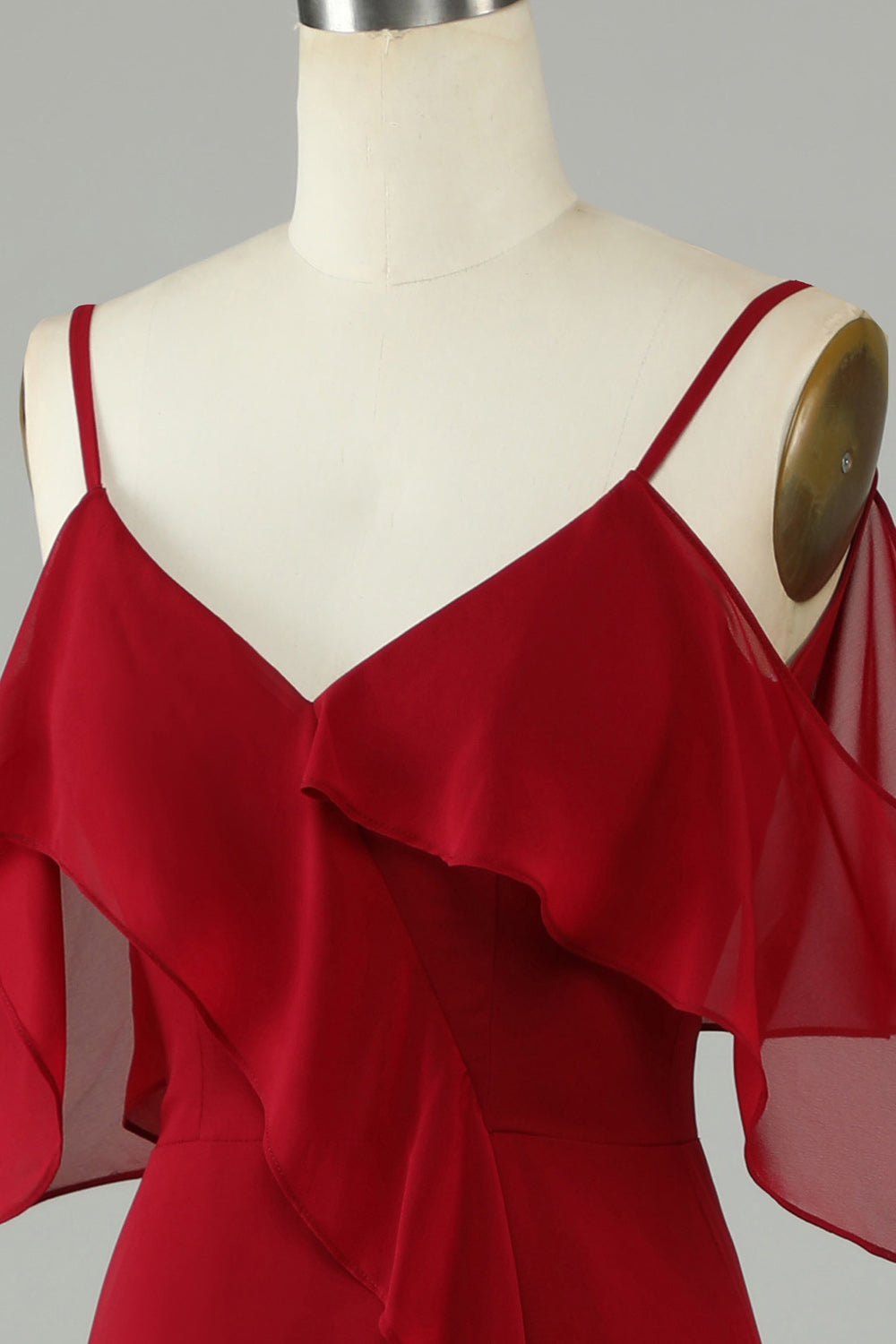 Asymmetrical Cold Shoulder Burgundy Long Bridesmaid Dress with Ruffles
