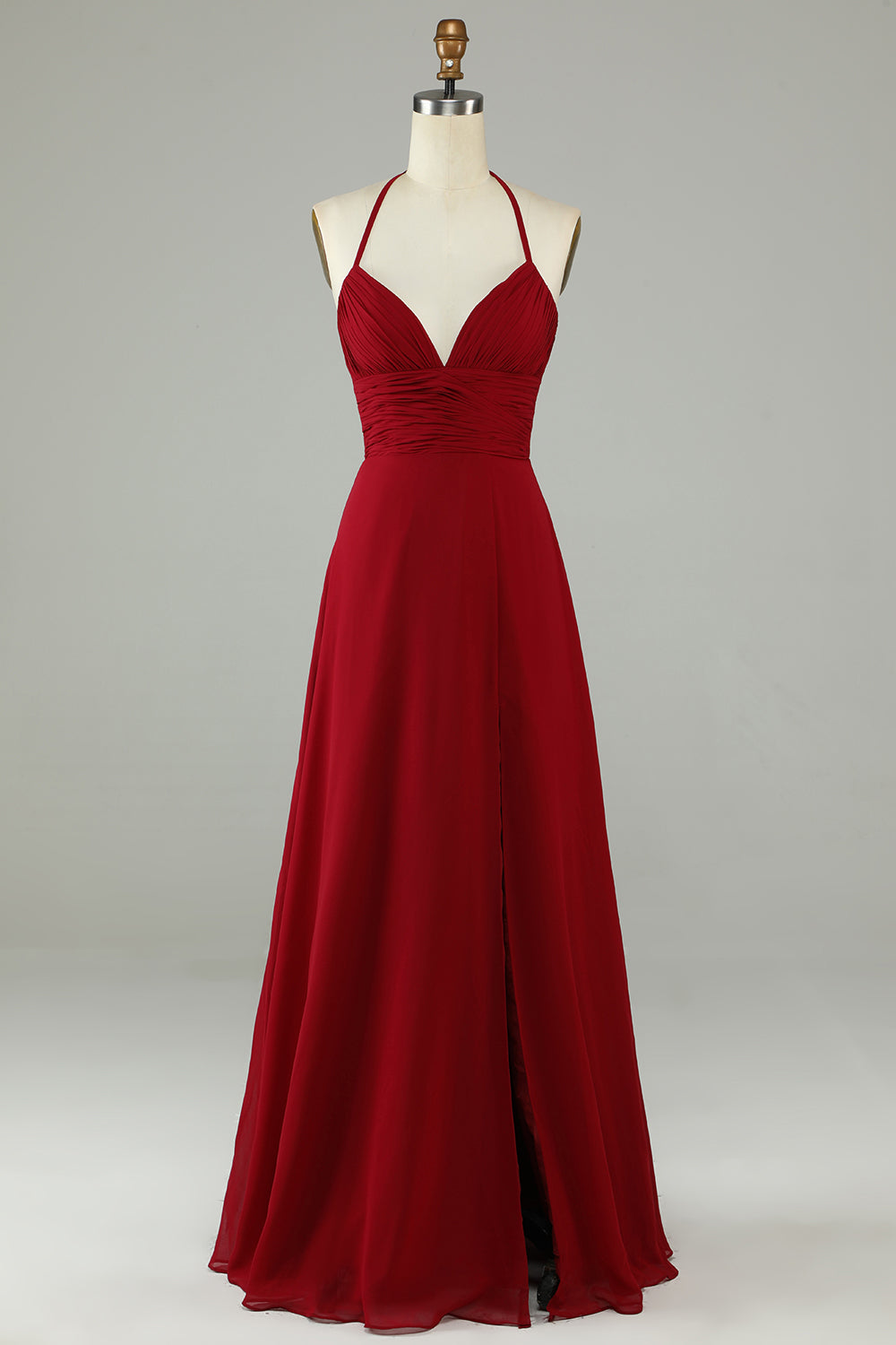 Robe de demoiselle d'honneur longue bordeaux, coupe trapèze, dos nu avec fente