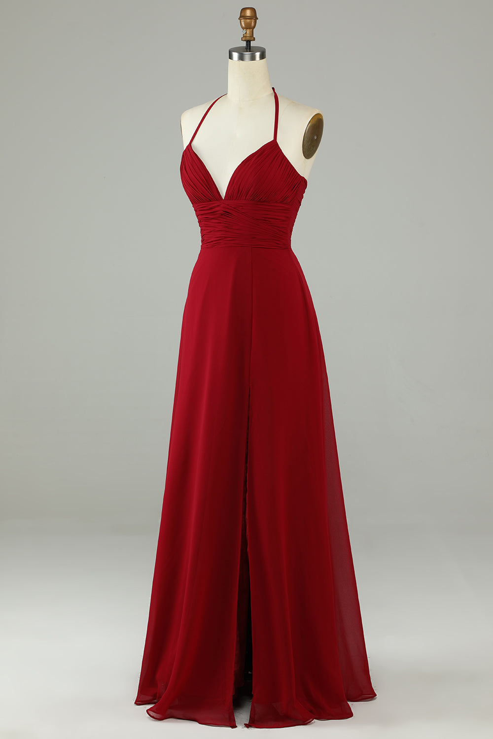 Robe de demoiselle d'honneur longue bordeaux, coupe trapèze, dos nu avec fente
