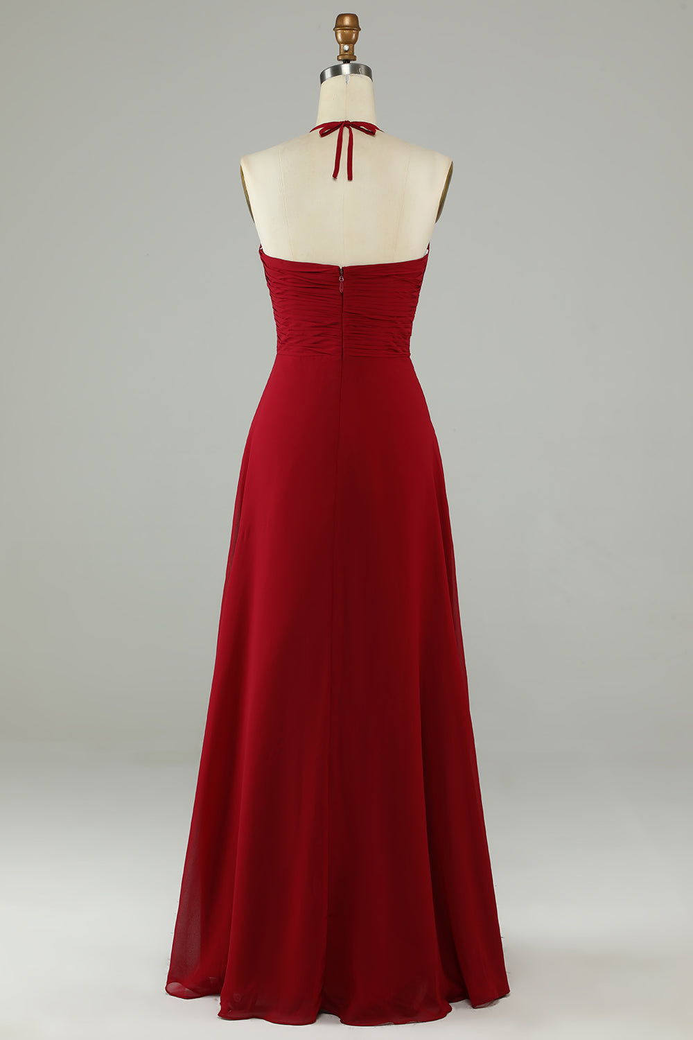 Robe de demoiselle d'honneur longue bordeaux, coupe trapèze, dos nu avec fente