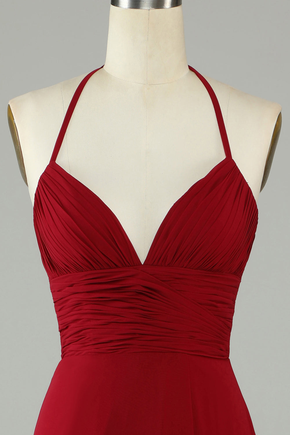 Robe de demoiselle d'honneur longue bordeaux, coupe trapèze, dos nu avec fente