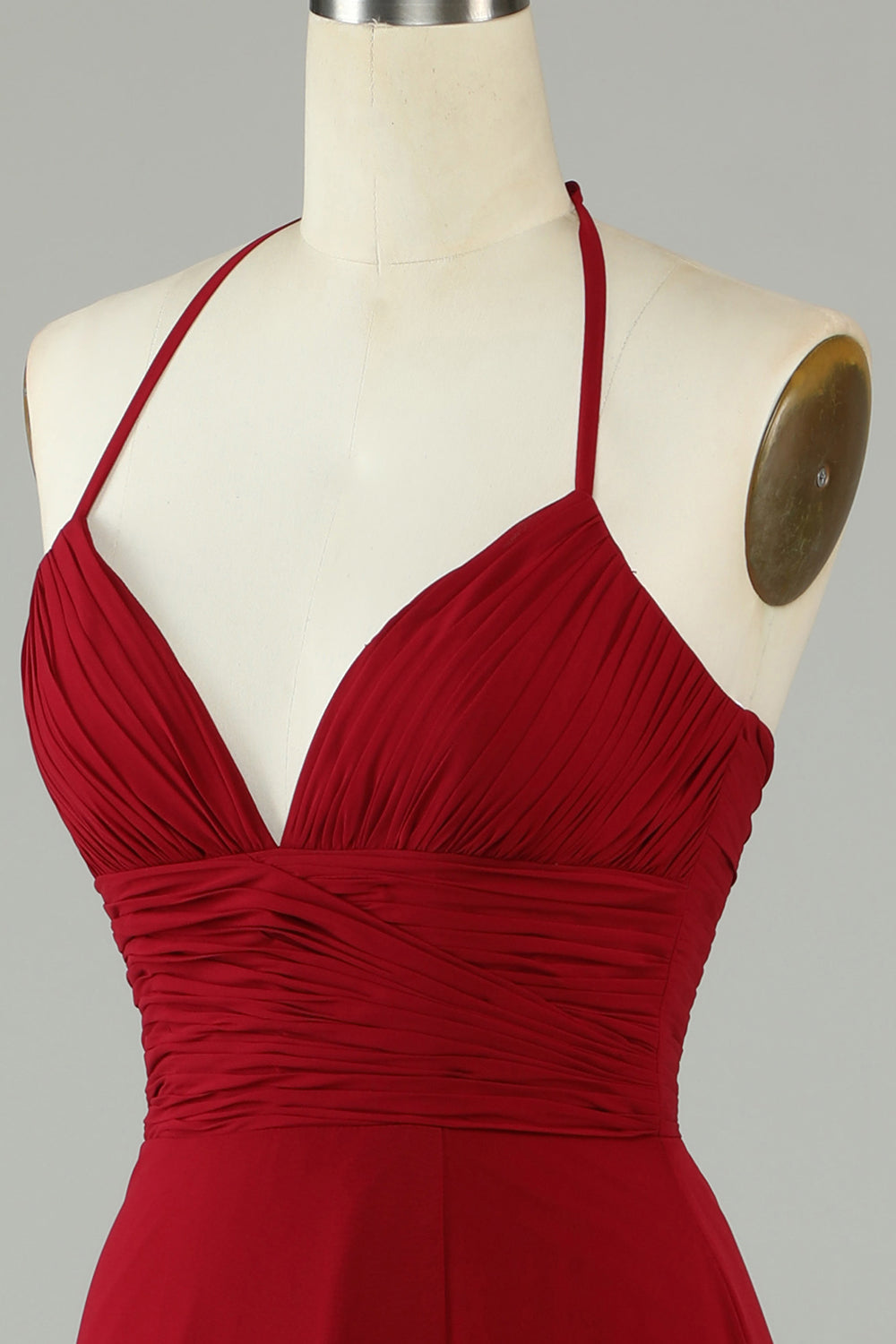 Robe de demoiselle d'honneur longue bordeaux, coupe trapèze, dos nu avec fente