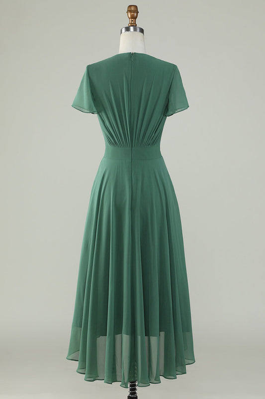 Robe de demoiselle d'honneur vert eucalyptus à col en V et manches courtes, avec nœud