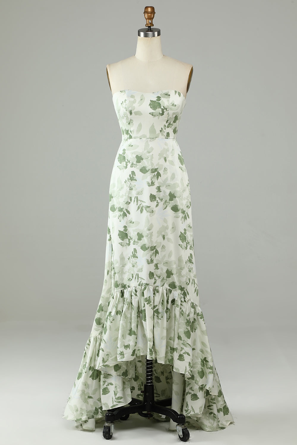 Robe de Demoiselle d'Honneur Longue Vert Imprimé Asymétrique sans Bretelles