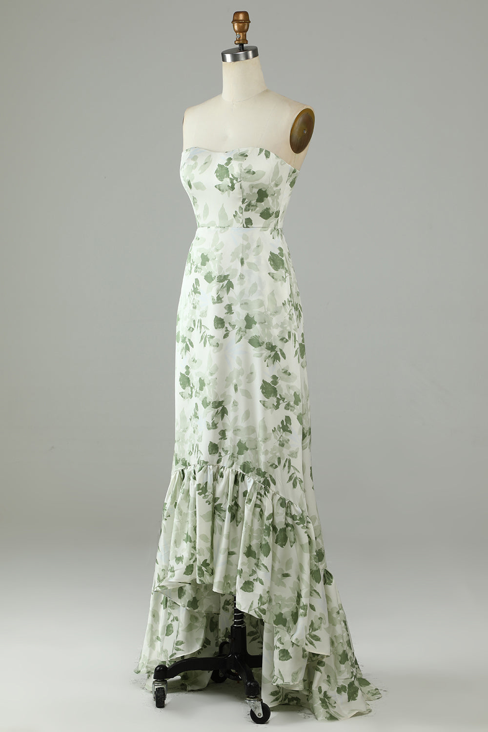 Robe de Demoiselle d'Honneur Longue Vert Imprimé Asymétrique sans Bretelles