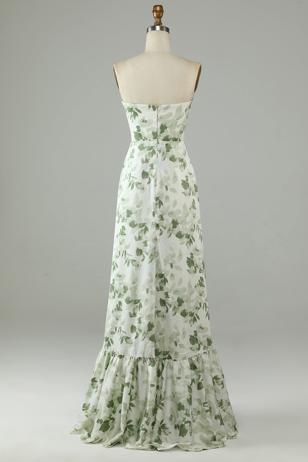 Robe de Demoiselle d'Honneur Longue Vert Imprimé Asymétrique sans Bretelles