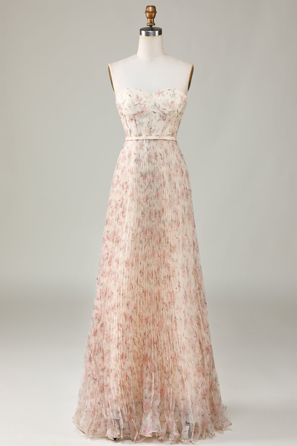 Robe de demoiselle d'honneur trapèze champagne fleurie avec bustier cœur