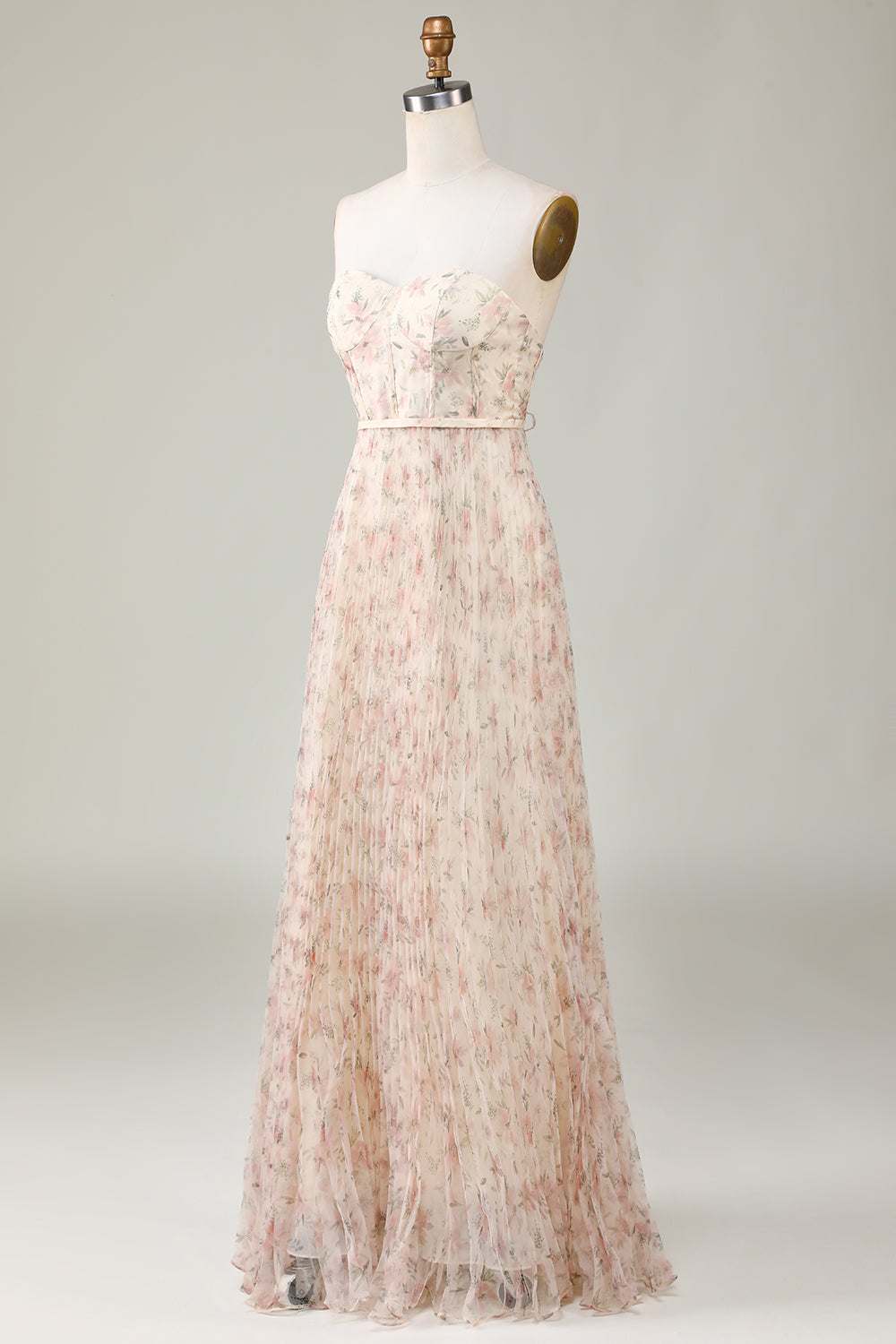 Robe de demoiselle d'honneur trapèze champagne fleurie avec bustier cœur
