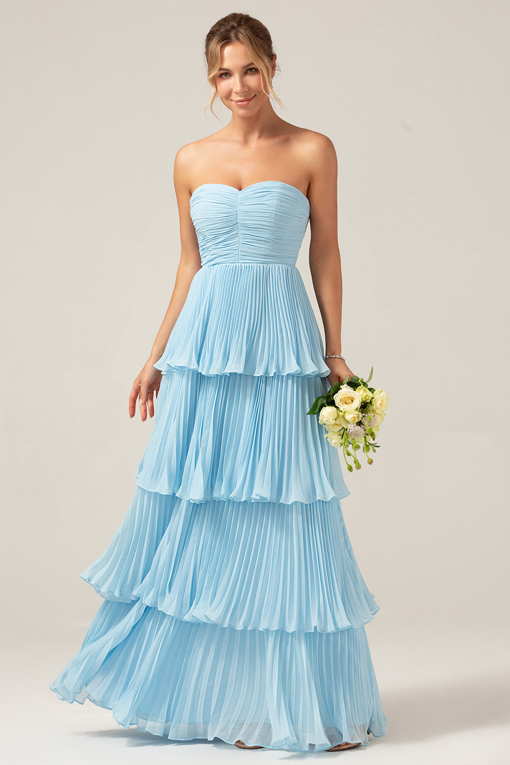 Robe de demoiselle d'honneur longue plissée à volants Sky Blue Sweetheart