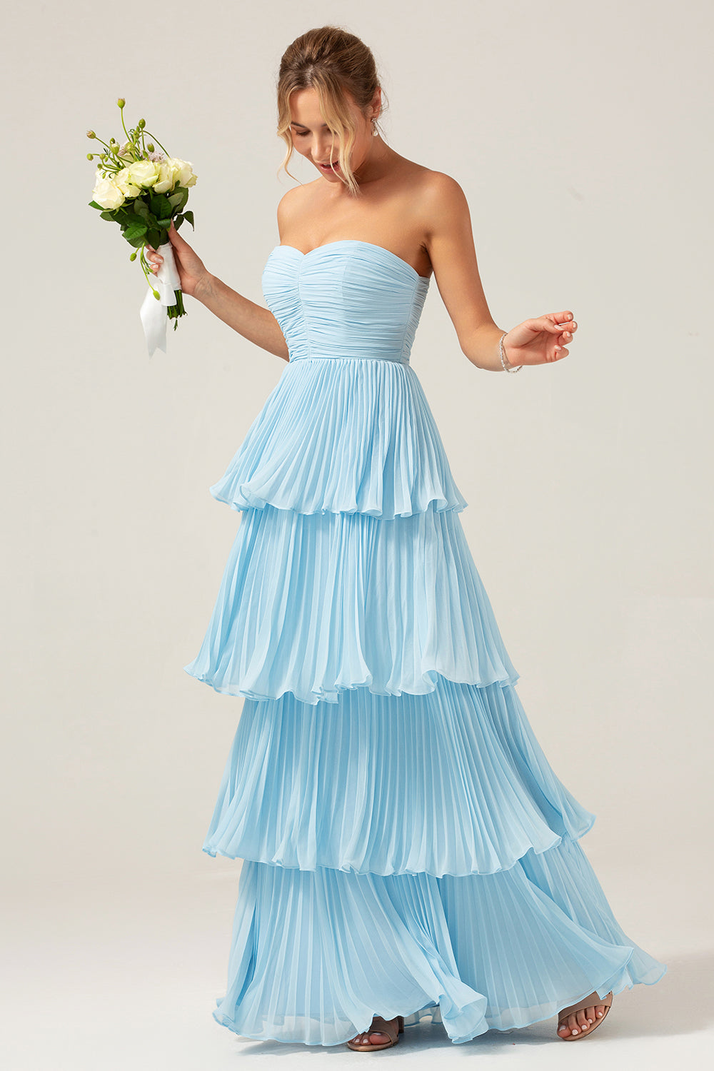 Robe de demoiselle d'honneur longue plissée à volants Sky Blue Sweetheart
