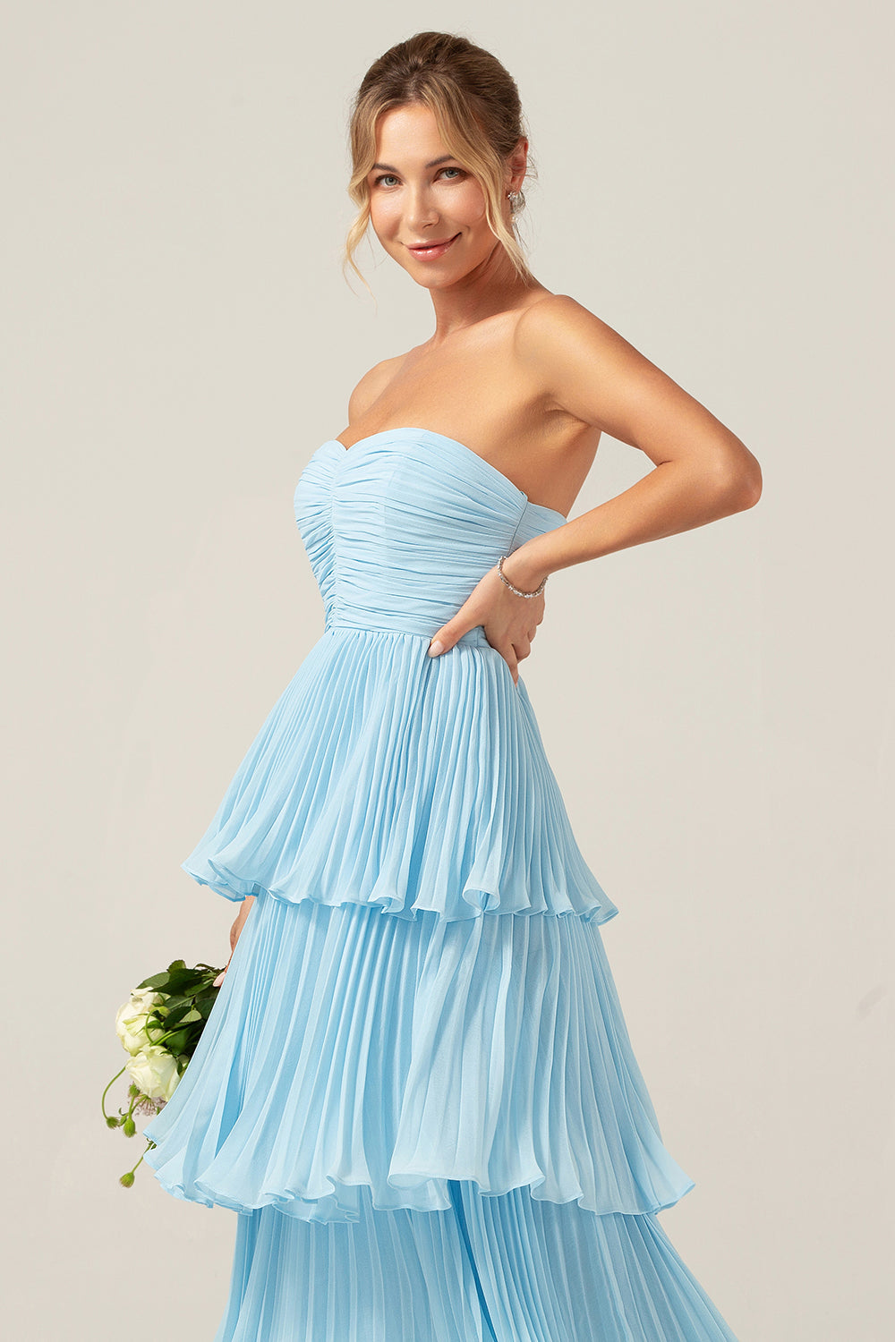 Robe de demoiselle d'honneur longue plissée à volants Sky Blue Sweetheart