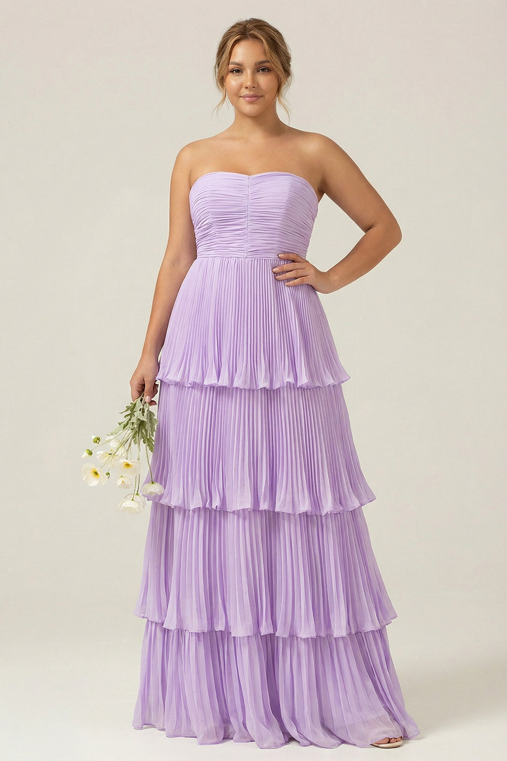 Robe longue de demoiselle d'honneur grande taille bustier lilas plissée en mousseline avec volants