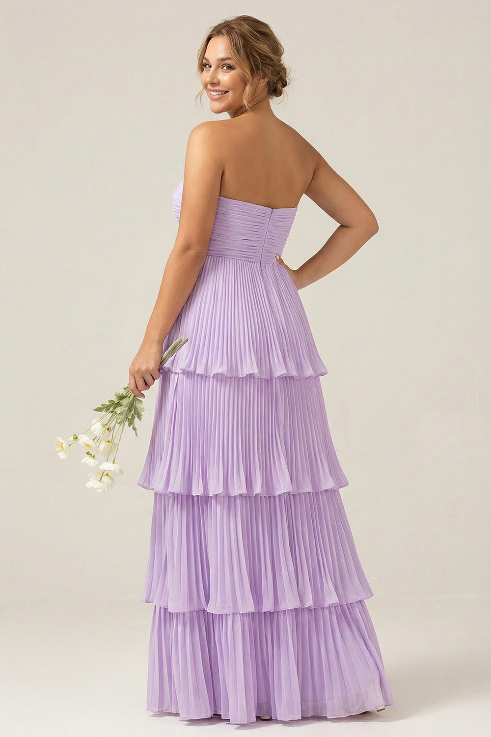 Robe longue de demoiselle d'honneur grande taille bustier lilas plissée en mousseline avec volants