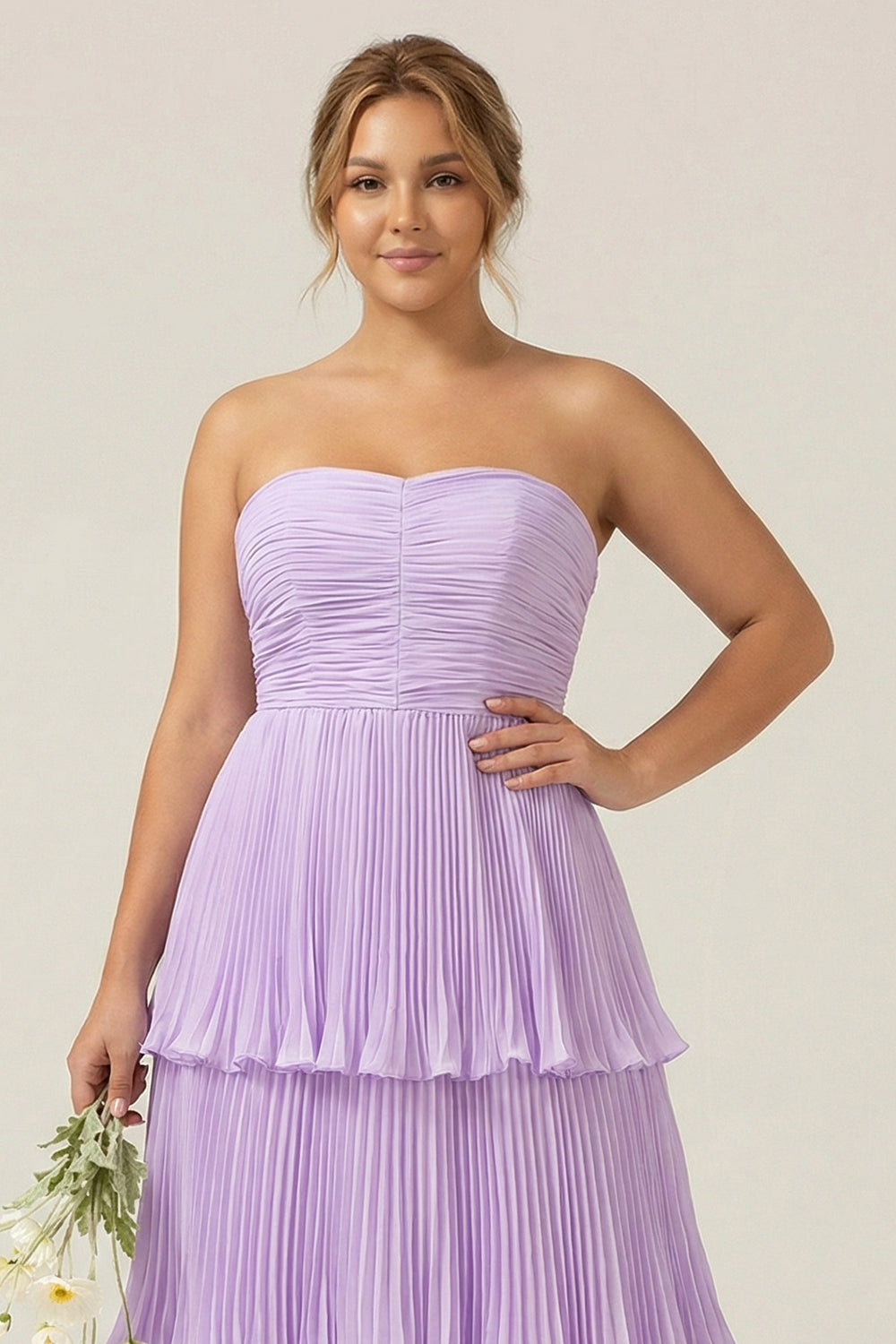 Robe longue de demoiselle d'honneur grande taille bustier lilas plissée en mousseline avec volants